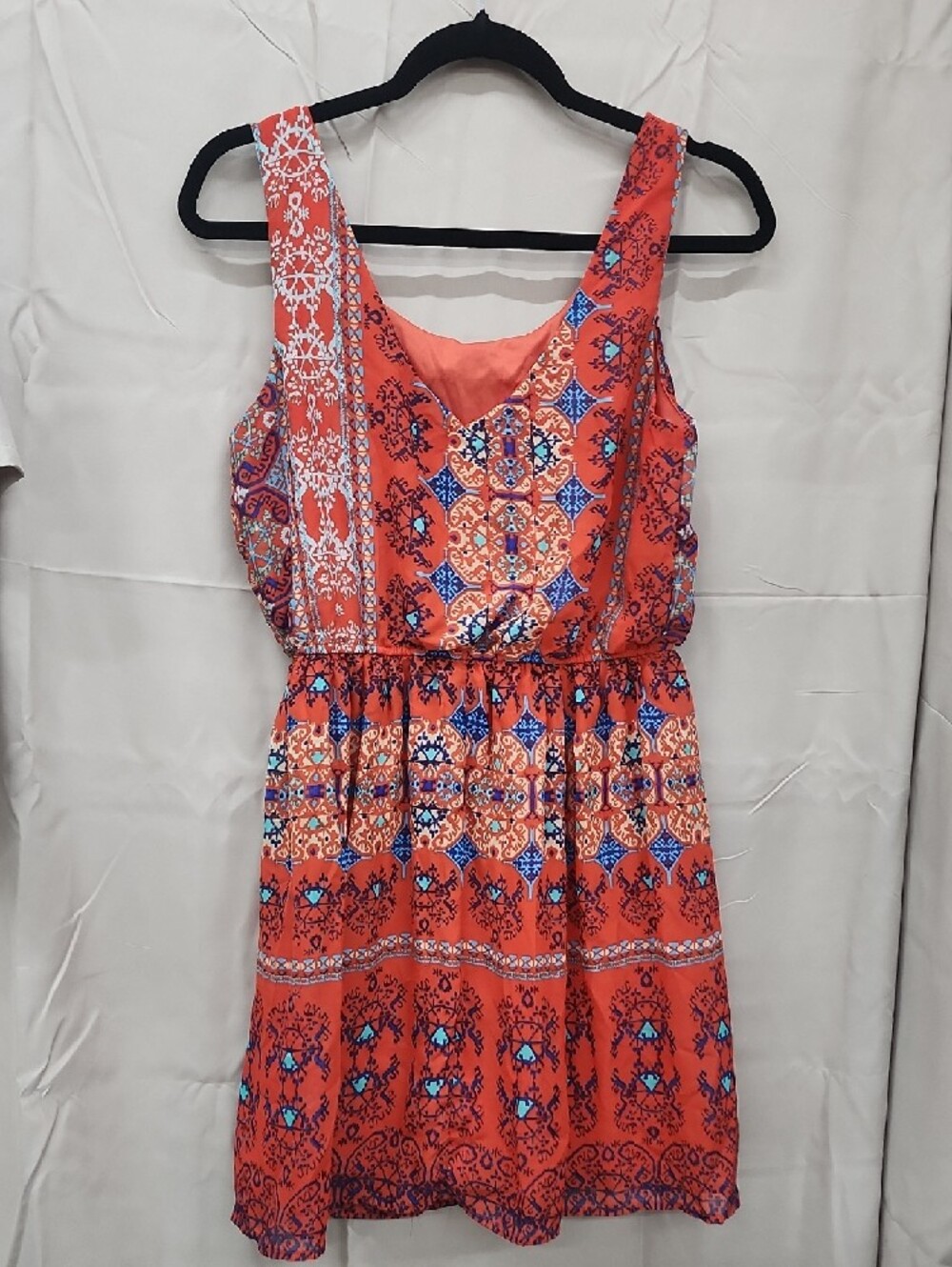As U Wish Coral Red Printed Sleeveless Mini Dress Sz M - Picture 3 of 6